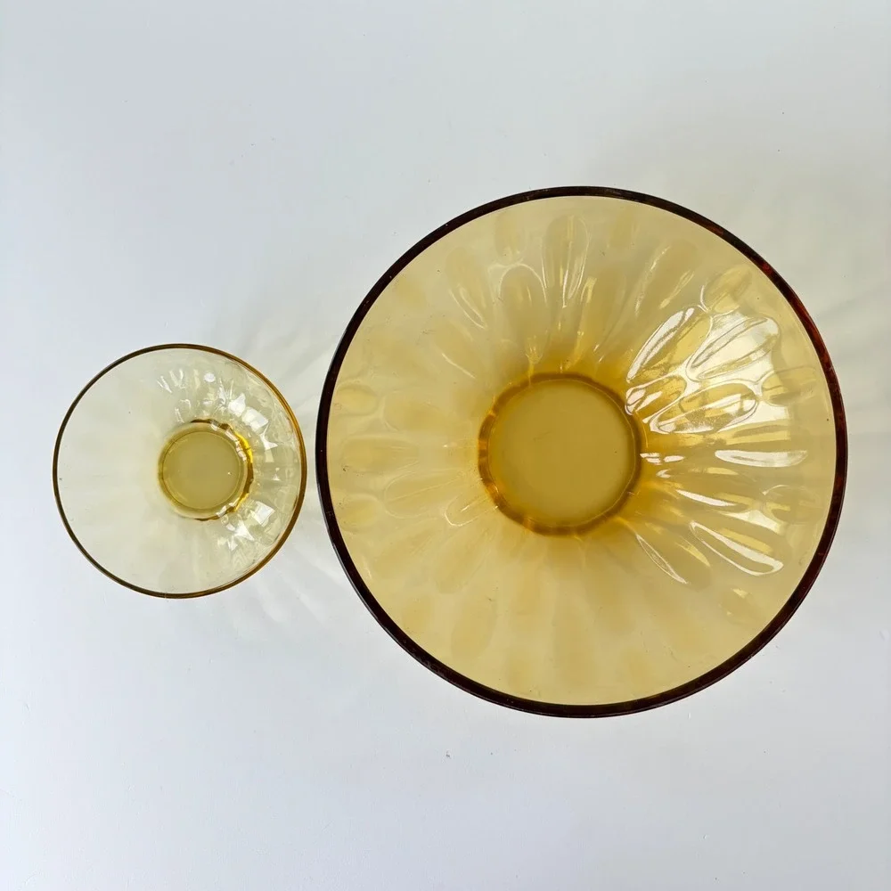 Vintage Amber Glass Thumbprint Nesting Bowl Set Mid Century Modern 2 Piece Gold